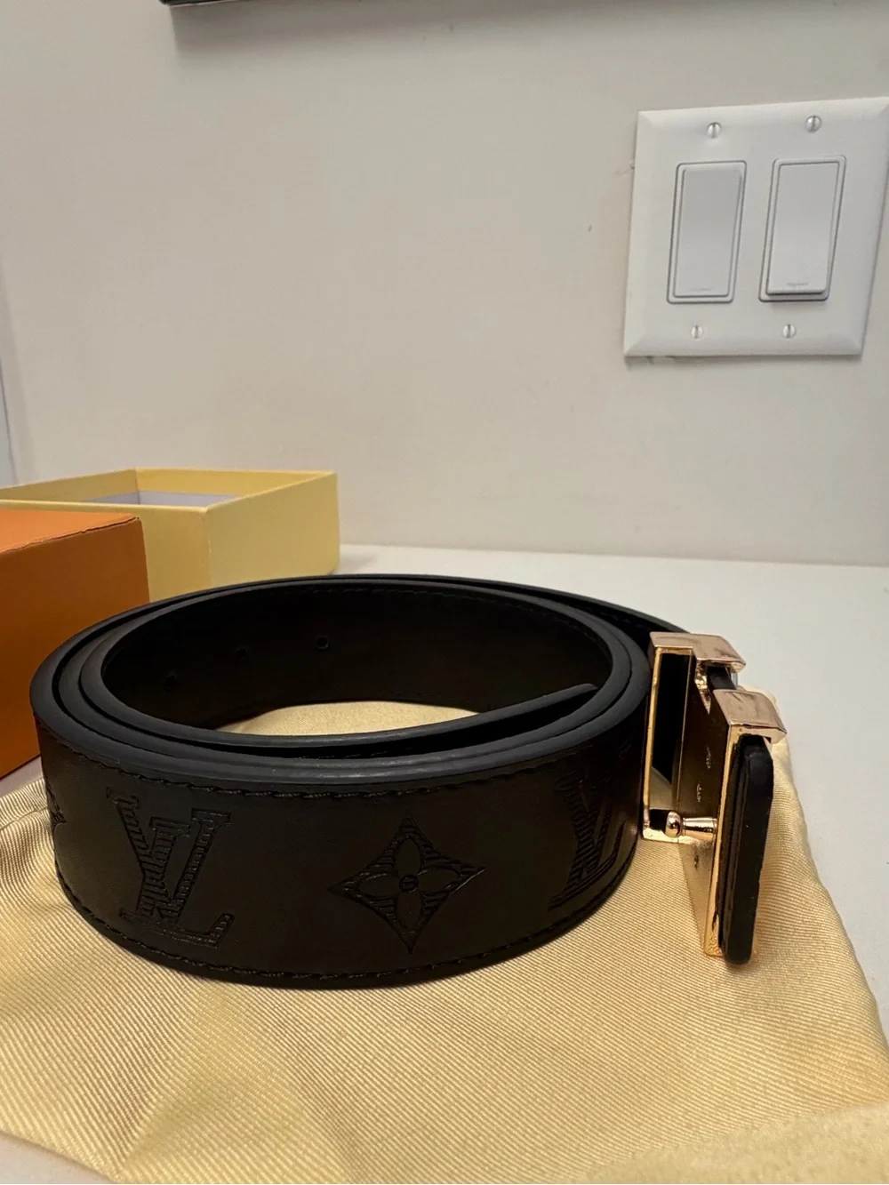 Louis Vuitton Black Monogram LV Initiales Belt Gold Buckle